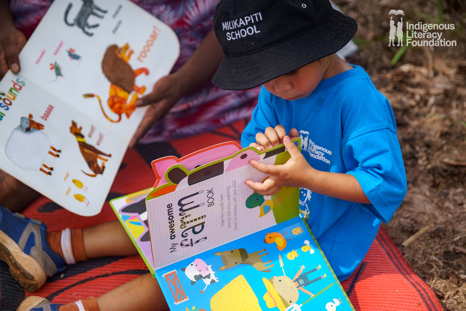 A child turning the pages of a picture book